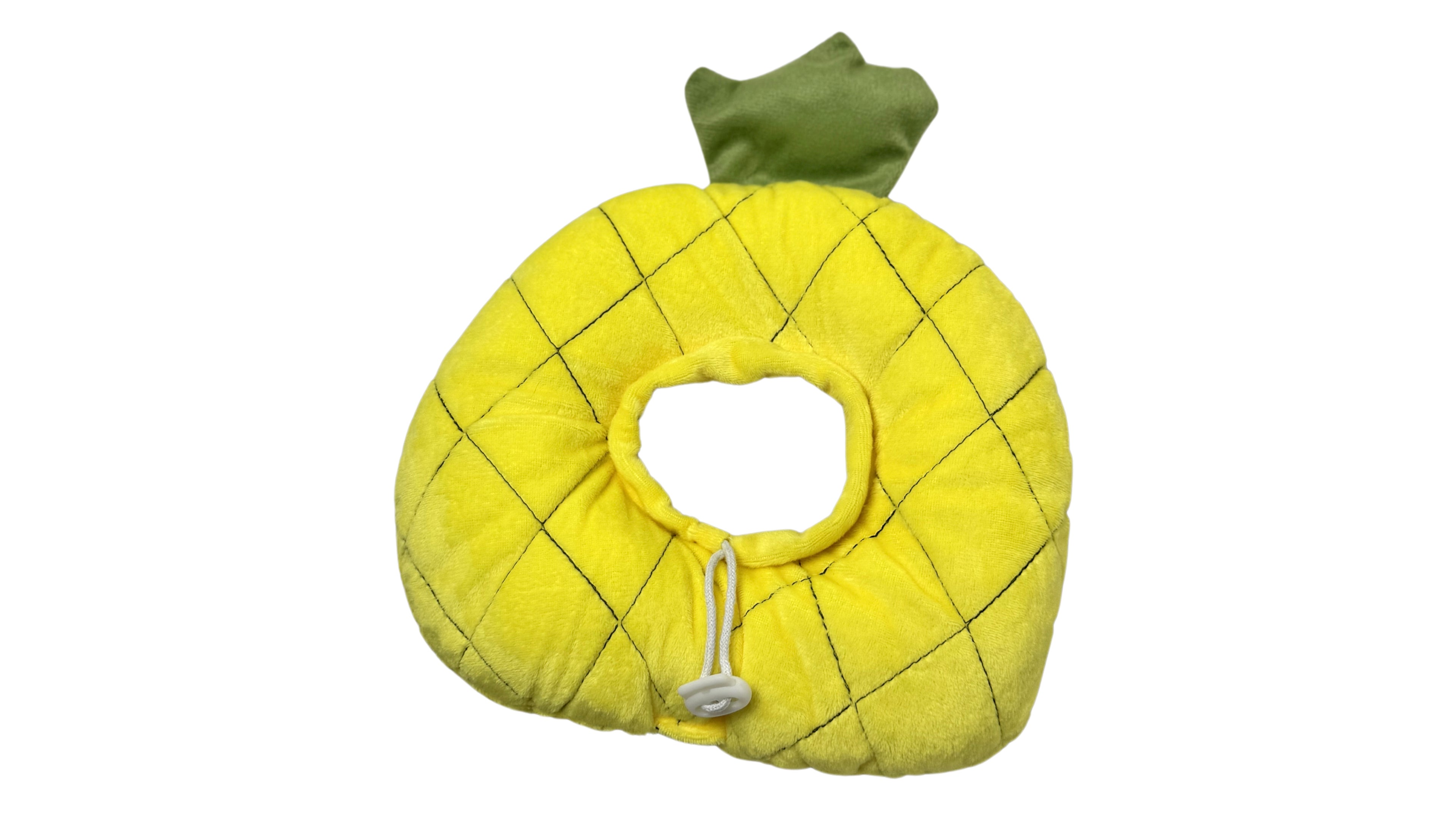 Soft plush pineapple-shaped pet recovery collar with cushioned padding, adjustable drawstring closure, and an 8.5cm inner circle diameter for post-surgery protection.