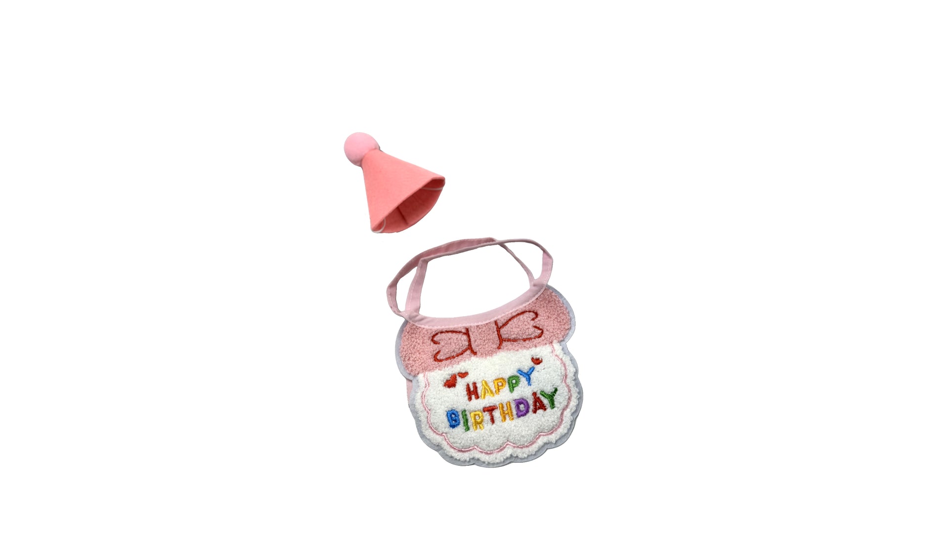 Pink pet birthday set featuring an adjustable party hat and embroidered bib with "HAPPY BIRTHDAY" text, made from soft and breathable fabric for a comfortable fit.