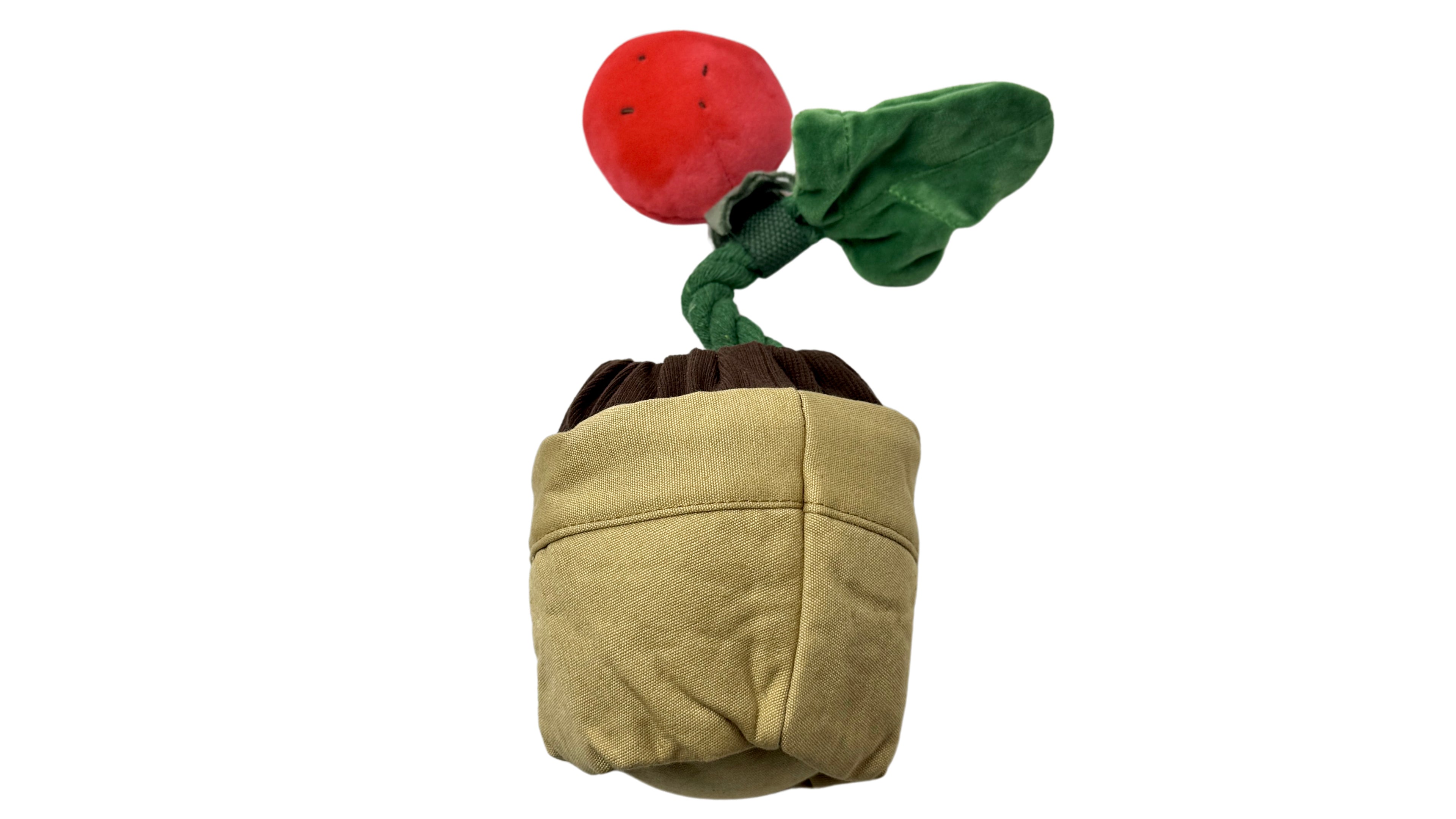 Plush strawberry potted dog toy with removable parts, built-in squeakers, and a treat-hiding feature for interactive and engaging play.