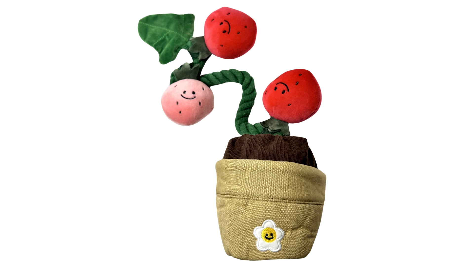 Plush strawberry potted dog toy with removable parts, built-in squeakers, and a treat-hiding feature for interactive and engaging play.