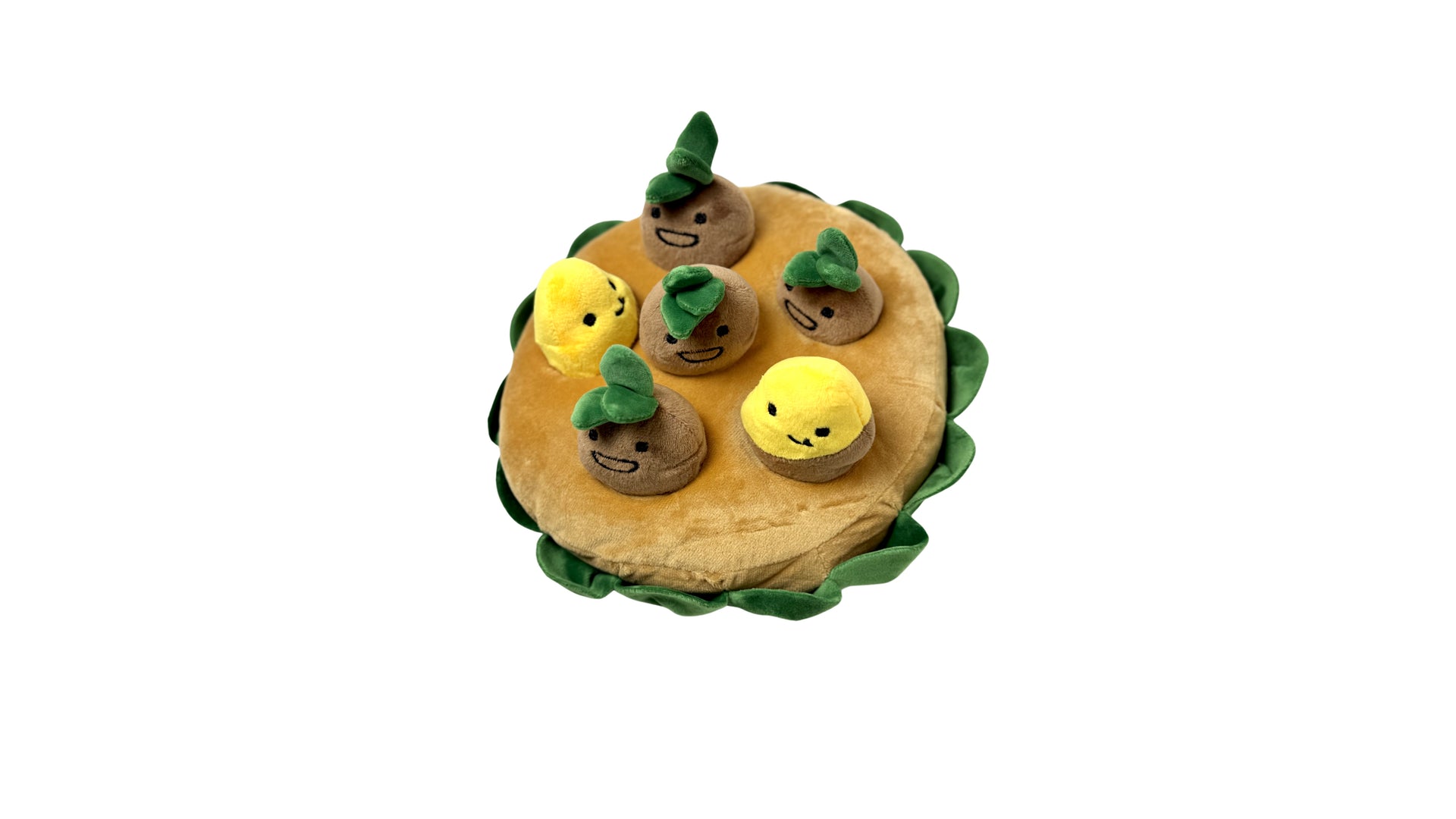 Plush sweet potato dog toy with a removable design, built-in squeaker, and hidden treat feature for interactive and mentally stimulating play.