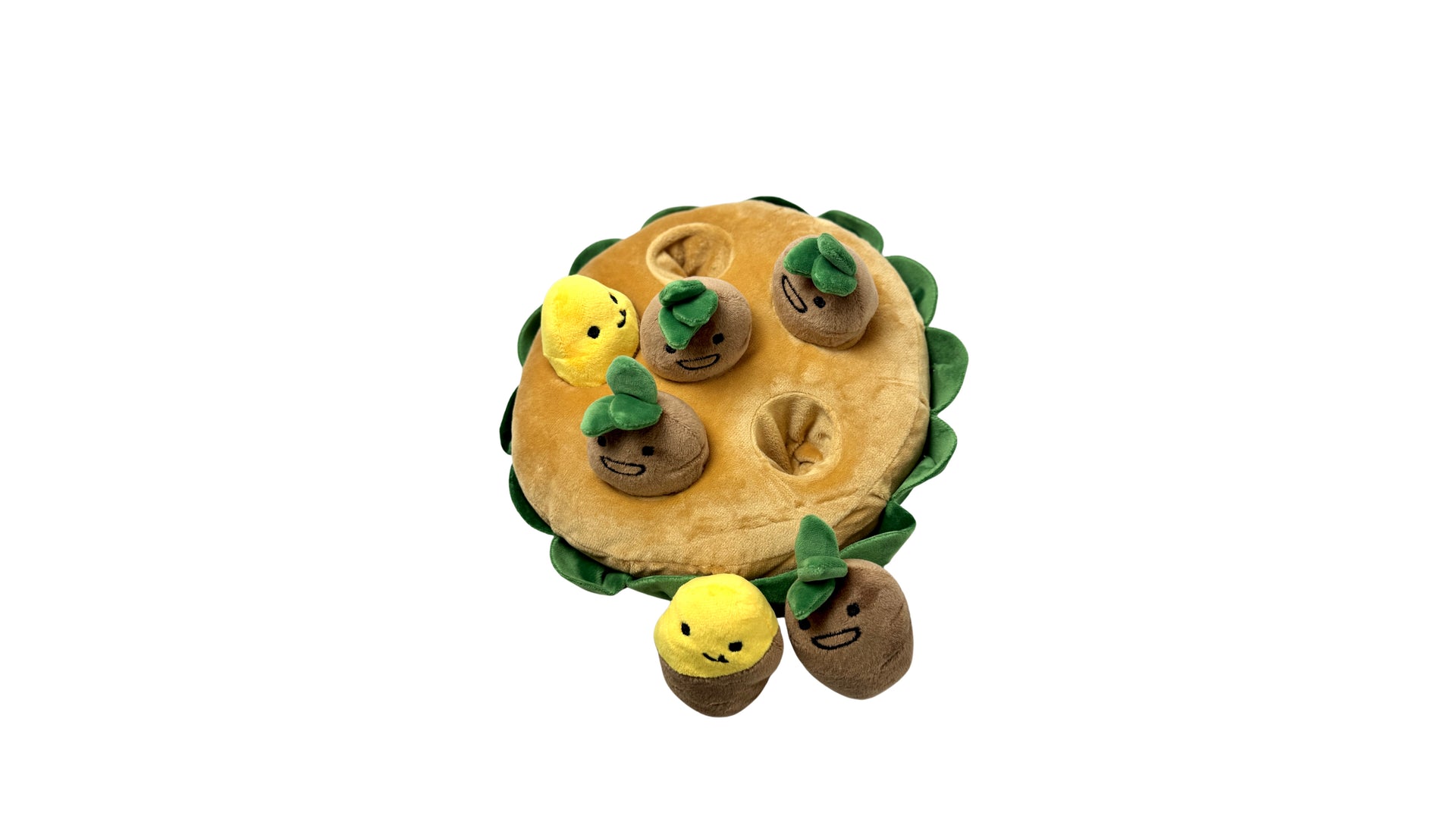 Plush sweet potato dog toy with a removable design, built-in squeaker, and hidden treat feature for interactive and mentally stimulating play.