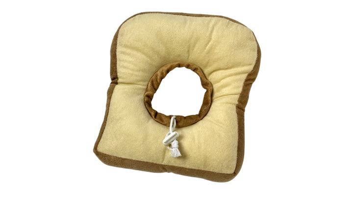 Plush toast-shaped pet recovery collar with soft cushioned padding, adjustable drawstring closure, and an 8.5cm inner circle diameter for comfortable post-surgery protection.