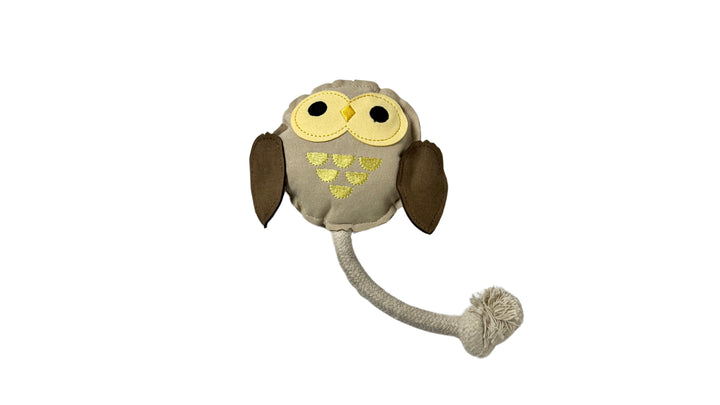 VLIZ Boba's Choice owl-shaped leather and rope dog toy with a built-in squeaker, made from durable microfiber suede and PU leather, perfect for chewing and tugging.