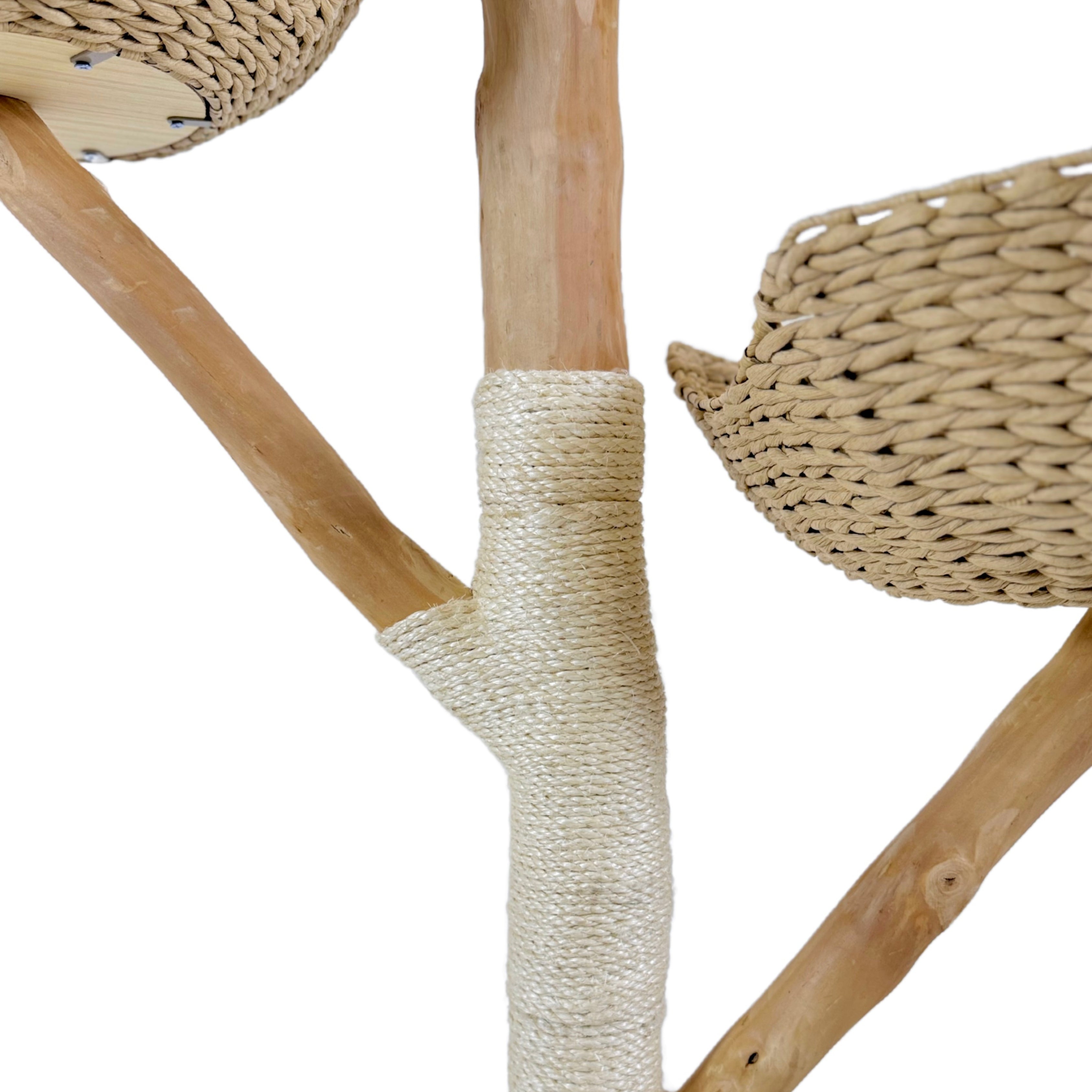 Natural wooden cat tree post wrapped in durable sisal rope, designed for safe and satisfying cat scratching.