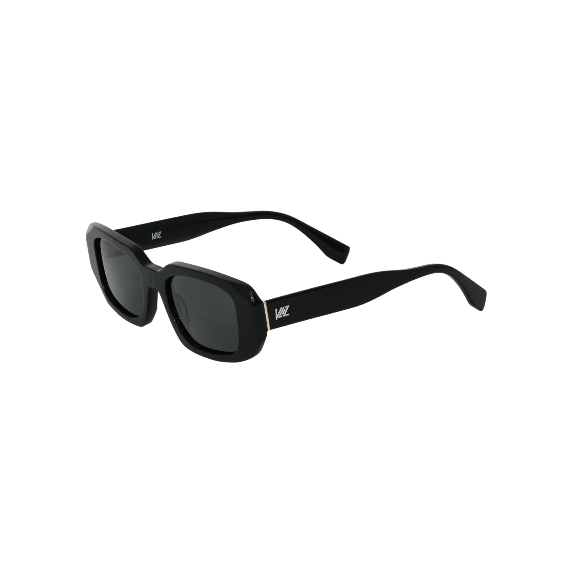 VLIZ Crux sunglasses with black frame and black lenses, square-edge design, engraved logo on temples.