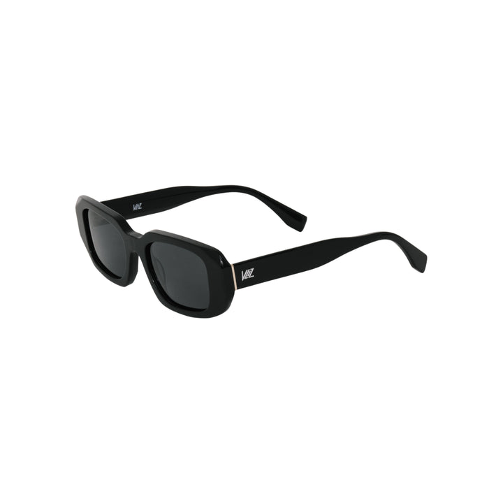 VLIZ Crux sunglasses with black frame and black lenses, square-edge design, engraved logo on temples.