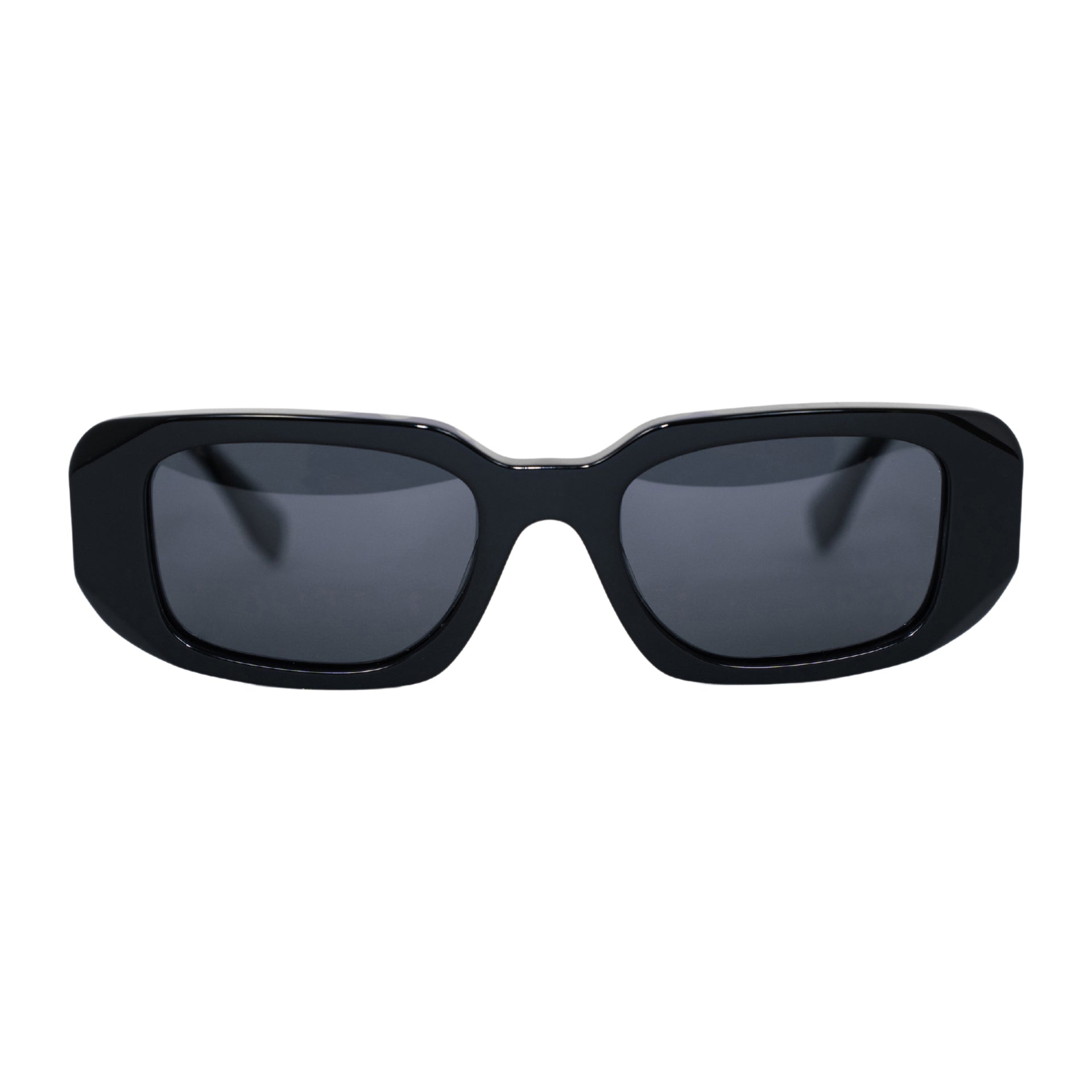 VLIZ Crux sunglasses with black frame and black lenses, square-edge design, engraved logo on temples.