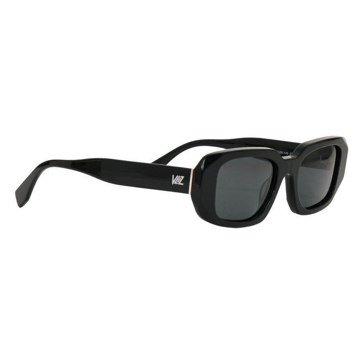 VLIZ Crux sunglasses with black frame and black lenses, square-edge design, engraved logo on temples.