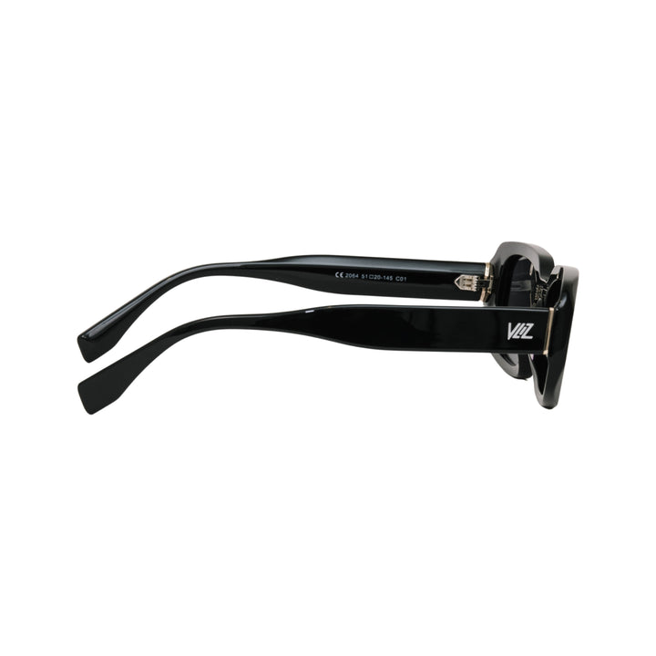 VLIZ Crux sunglasses with black frame and black lenses, square-edge design, engraved logo on temples.