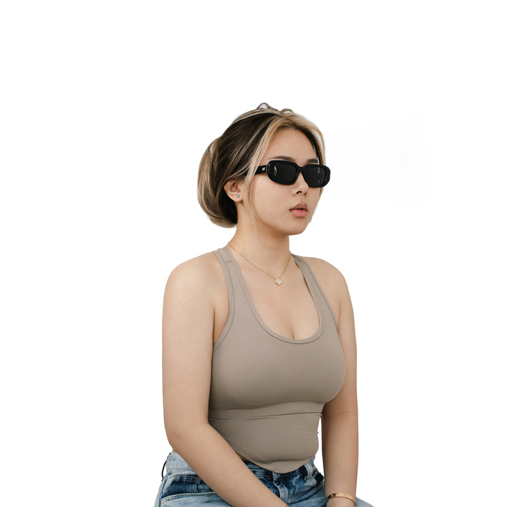 VLIZ Crux sunglasses with black frame and black lenses, square-edge design, engraved logo on temples.