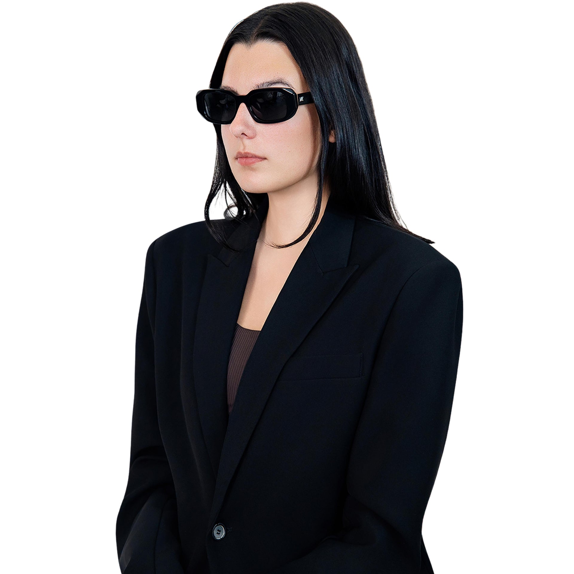 VLIZ Crux sunglasses with black frame and black lenses, square-edge design, engraved logo on temples.