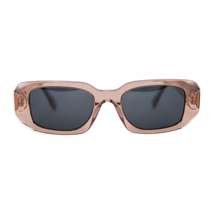 VLIZ Crux sunglasses with pink frame and black lenses, square-edge design, engraved logo on temples.