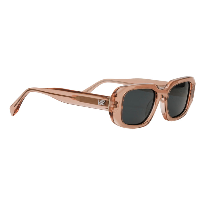 VLIZ Crux sunglasses with pink frame and black lenses, square-edge design, engraved logo on temples.