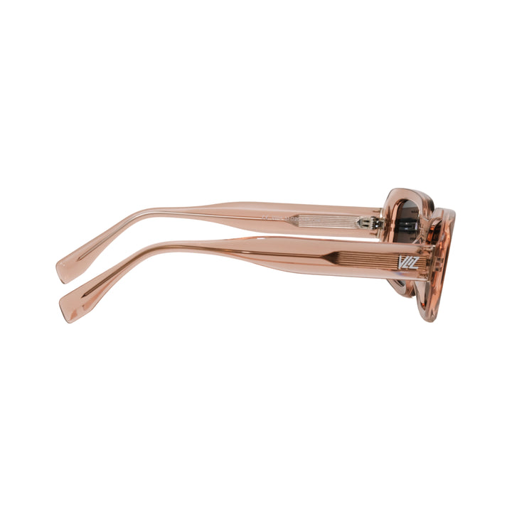 VLIZ Crux sunglasses with pink frame and black lenses, square-edge design, engraved logo on temples.
