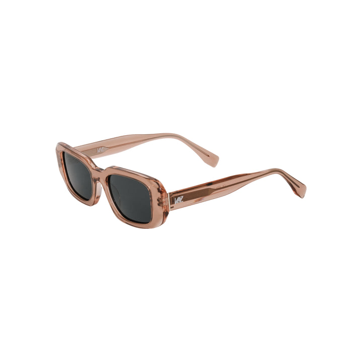 VLIZ Crux sunglasses with pink frame and black lenses, square-edge design, engraved logo on temples.