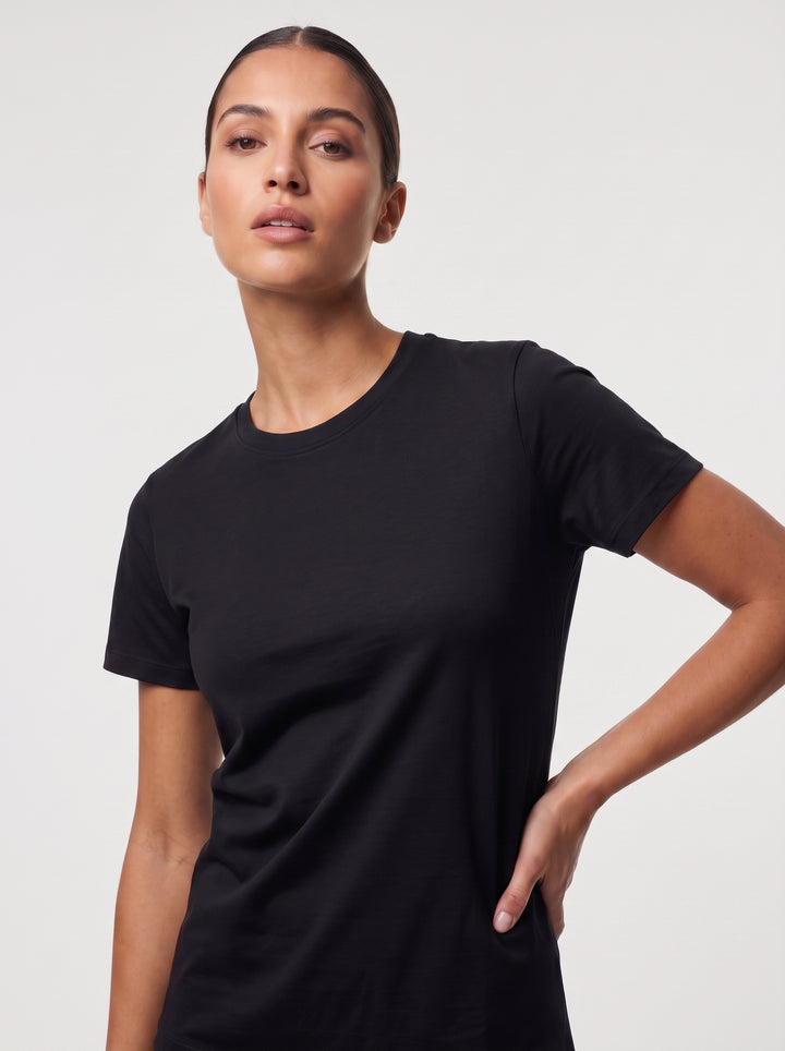 VLIZ Fitted Sports T-Shirt in Black, close up front view, high-neck sculpt fit designed to flatter every shape