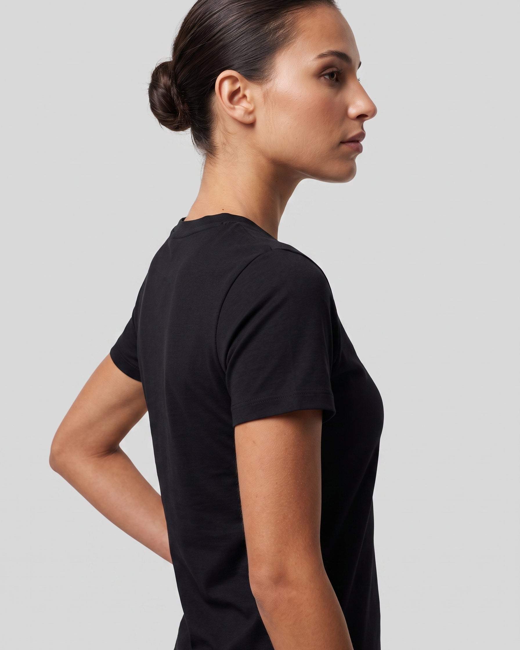 VLIZ Fitted Sports T-Shirt in Black, right side view, lightweight buttery-soft stretch tee for gym and studio
