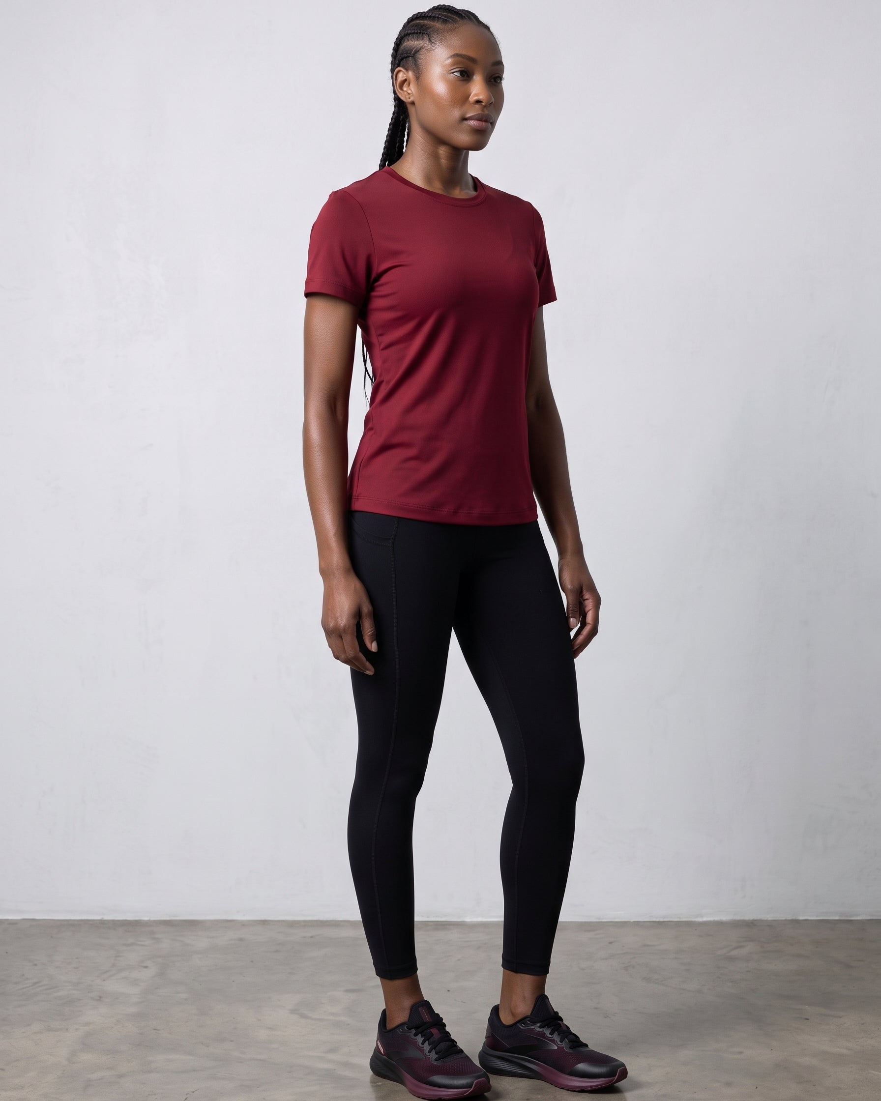 VLIZ Fitted Sports T-Shirt in Red, full body view, sculpting high-neck fitted tee for gym running and everyday wear