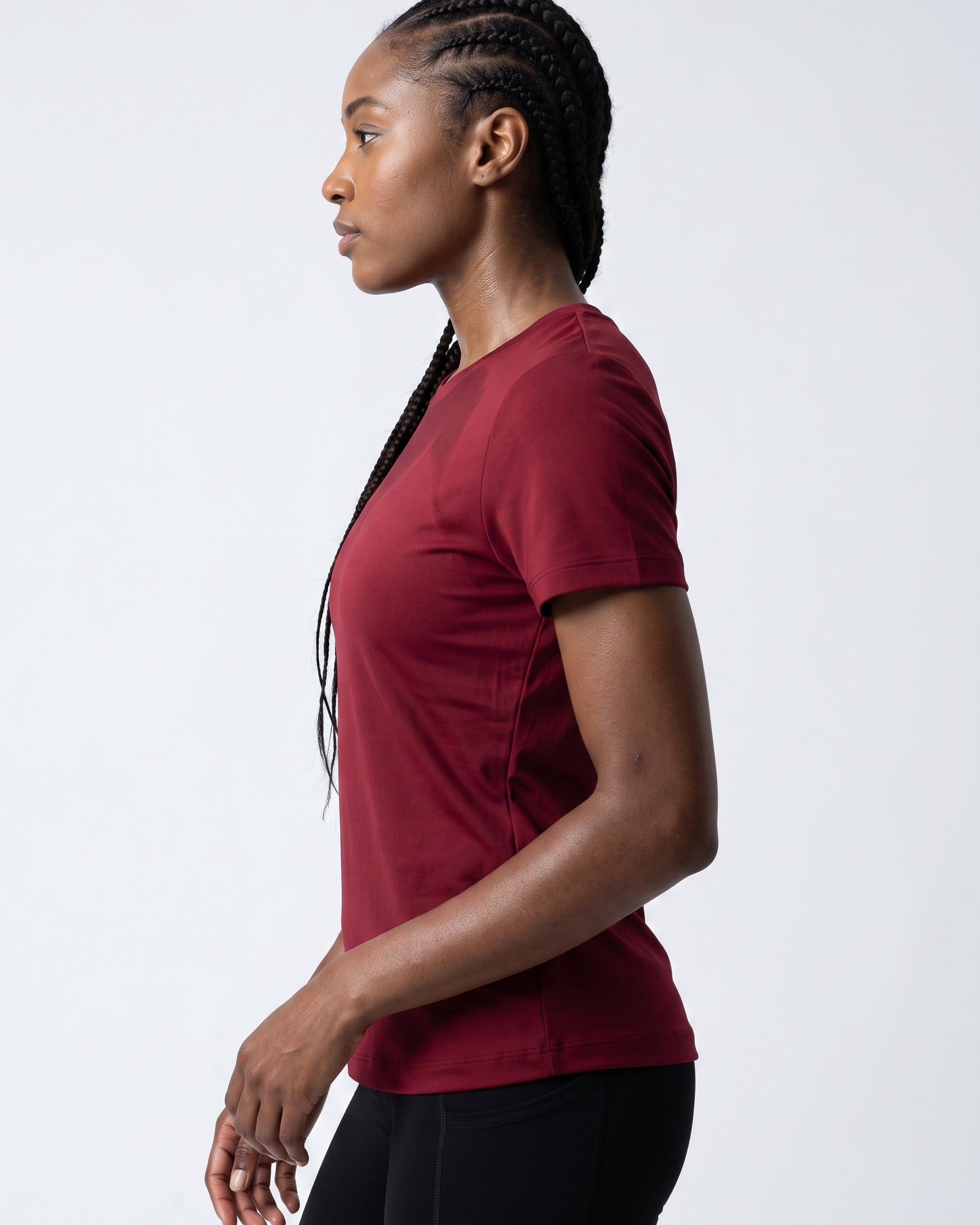 VLIZ Fitted Sports T-Shirt in Red, left side view, four-way stretch fabric for studio gym and casual wear