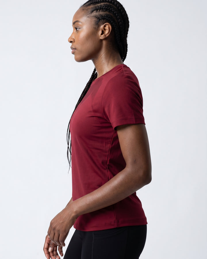 VLIZ Fitted Sports T-Shirt in Red, left side view, four-way stretch fabric for studio gym and casual wear