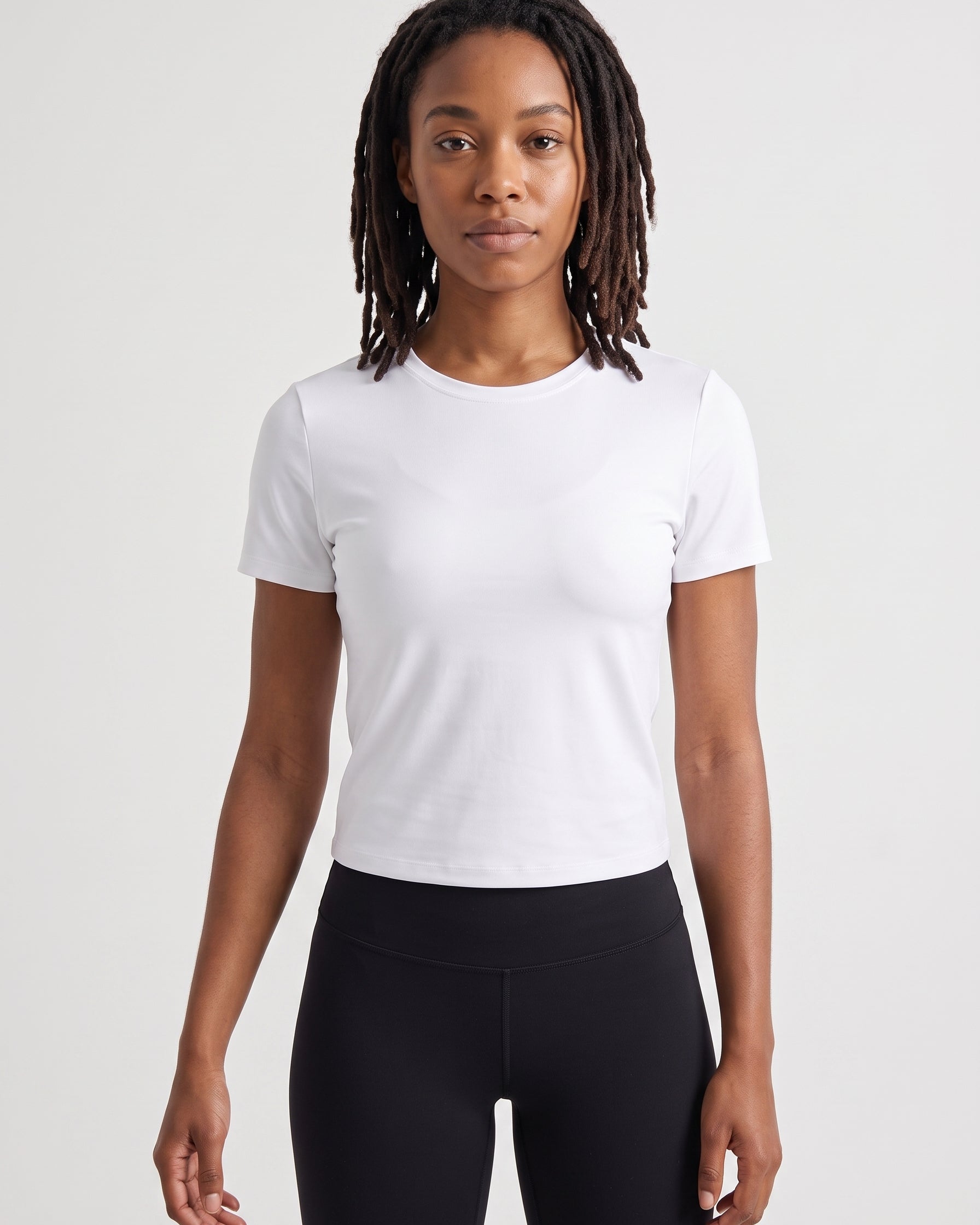 VLIZ Fitted Sports T-Shirt in White, front view, fitted high-neck tee that sculpts and flatters from every angle