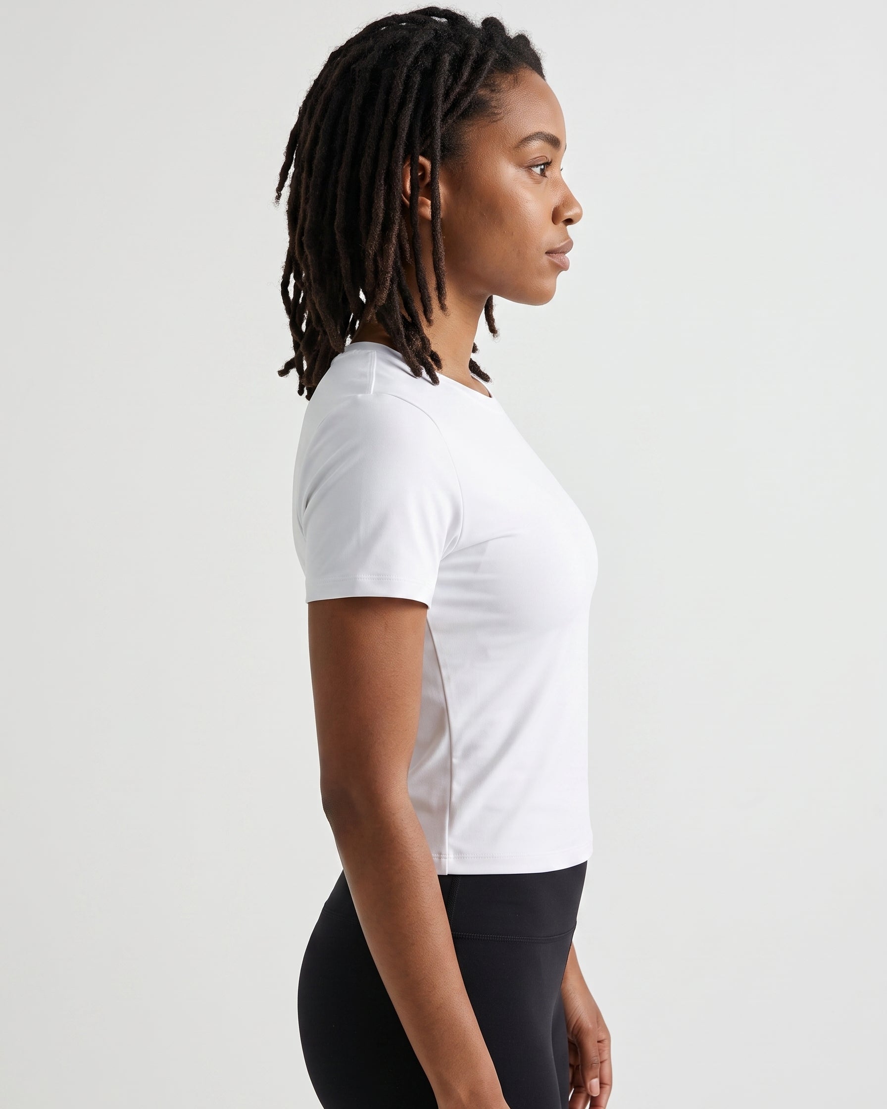 VLIZ Fitted Sports T-Shirt in White, right side view, buttery-soft recycled polyester Lycra blend for all-day comfort