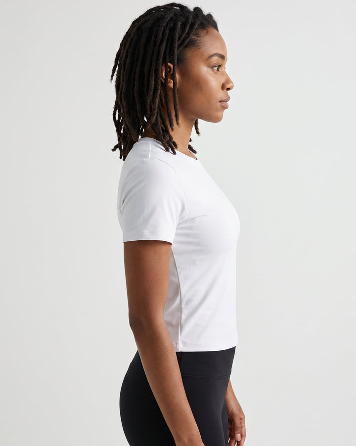 VLIZ Fitted Sports T-Shirt in White, right side view, buttery-soft recycled polyester Lycra blend for all-day comfort