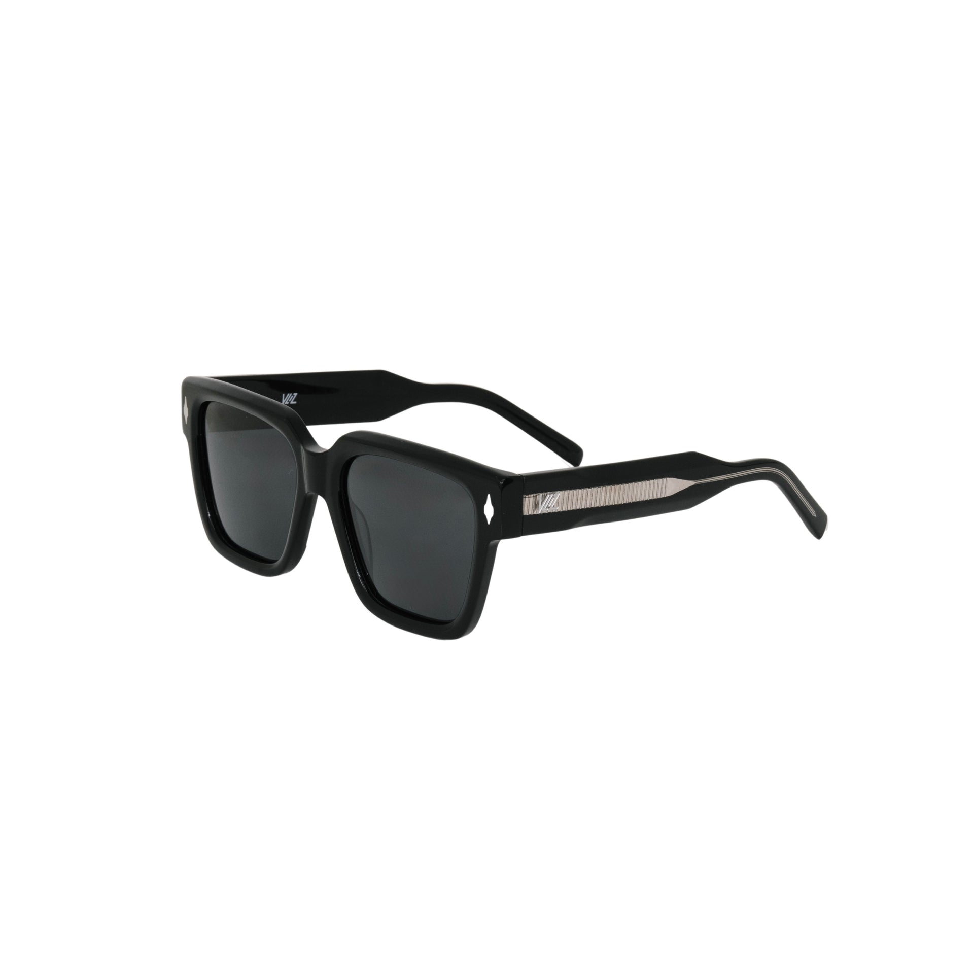 VLIZ Gravité sunglasses with black square acetate-style frame and black lenses, featuring architectural design,UV400 protection,and engraved logo on temples.
