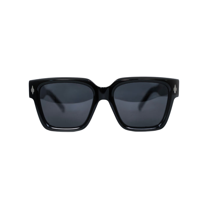 VLIZ Gravité sunglasses with black square acetate-style frame and black lenses, featuring architectural design,UV400 protection,and engraved logo on temples.