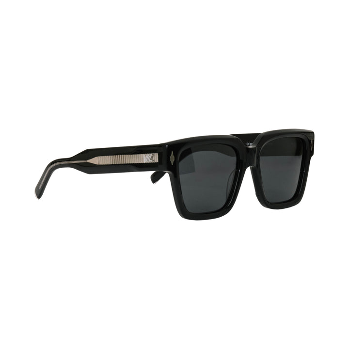 VLIZ Gravité sunglasses with black square acetate-style frame and black lenses, featuring architectural design,UV400 protection,and engraved logo on temples.