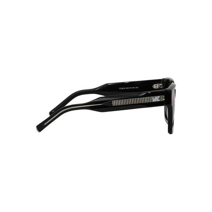 VLIZ Gravité sunglasses with black square acetate-style frame and black lenses, featuring architectural design,UV400 protection,and engraved logo on temples.