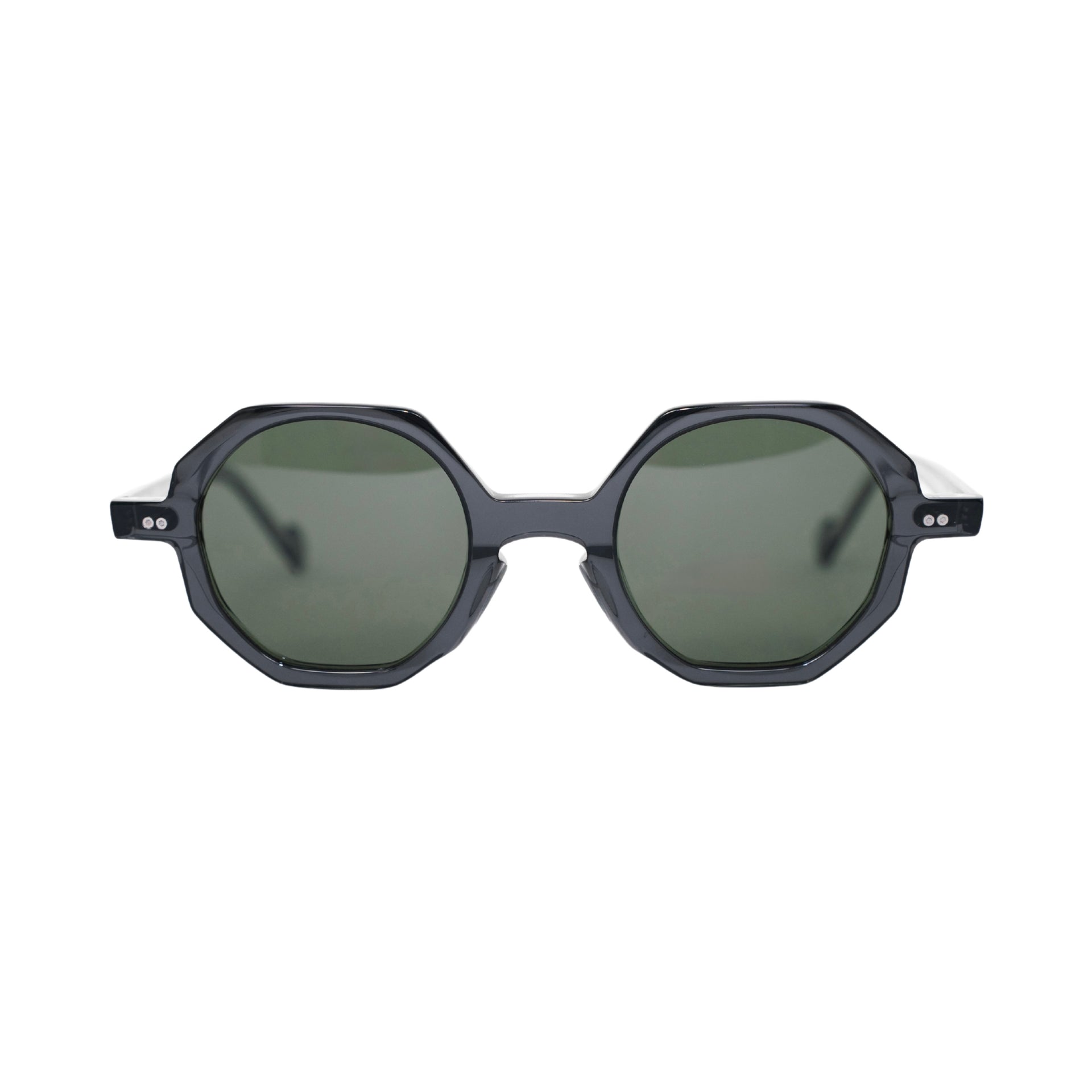 VLIZ Grid sunglasses with black octagon frame and dark green lenses, architectural design with engraved logo on temples.