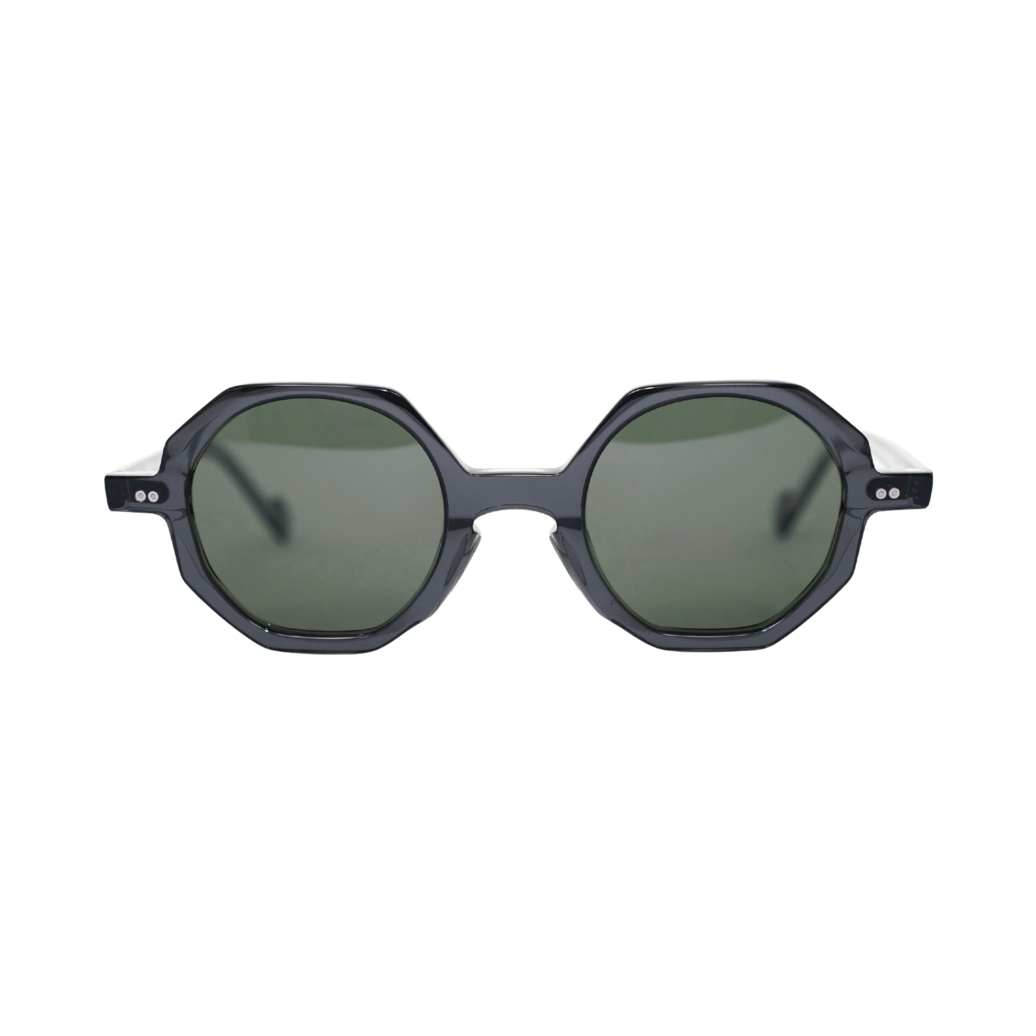 VLIZ Grid sunglasses with black octagon frame and dark green lenses, architectural design with engraved logo on temples.