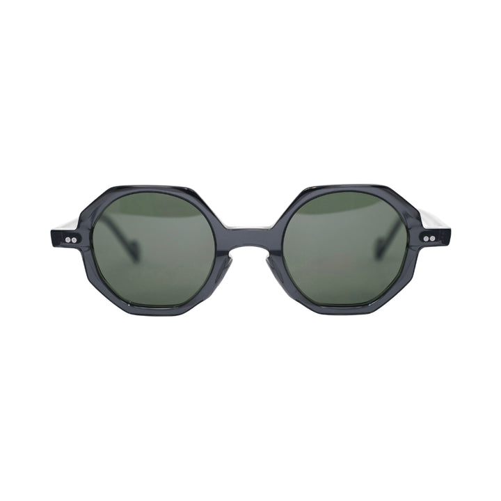 VLIZ Grid sunglasses with black octagon frame and dark green lenses, architectural design with engraved logo on temples.