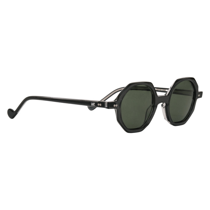 VLIZ Grid sunglasses with black octagon frame and dark green lenses, architectural design with engraved logo on temples.