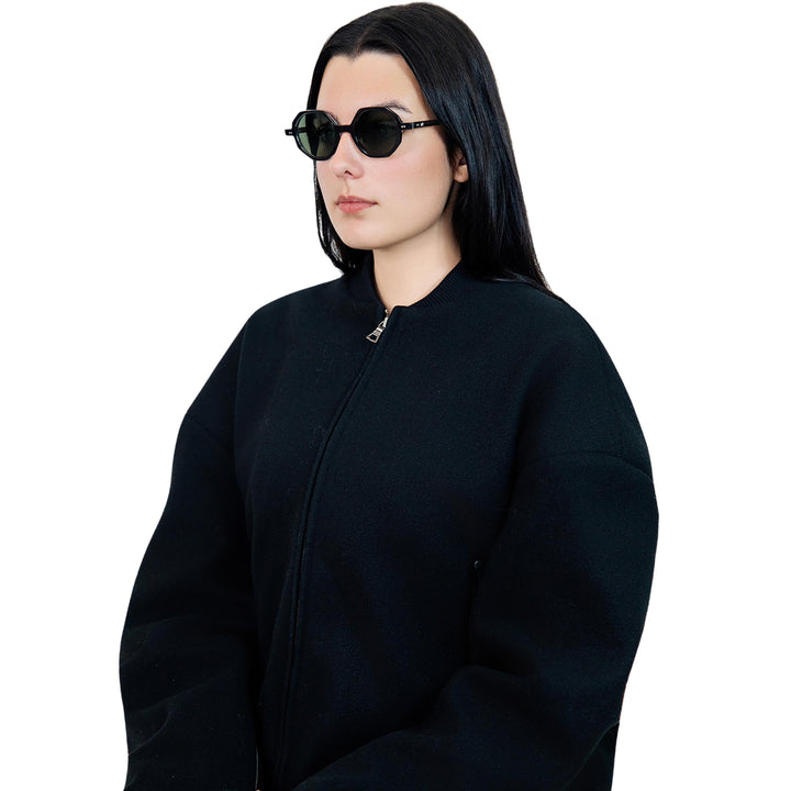 VLIZ Grid sunglasses with black octagon frame and dark green lenses, architectural design with engraved logo on temples.