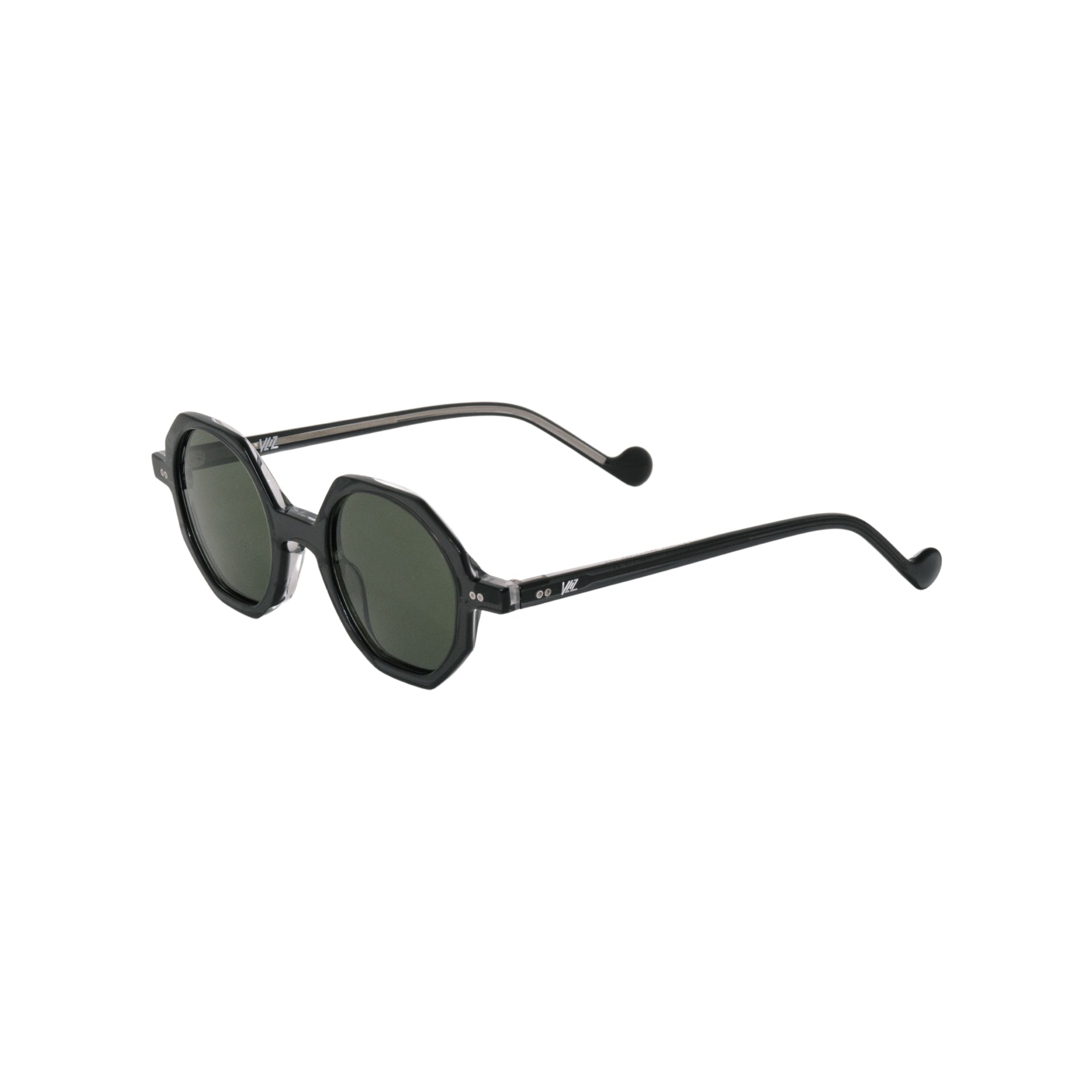 VLIZ Grid sunglasses with black octagon frame and dark green lenses, architectural design with engraved logo on temples.