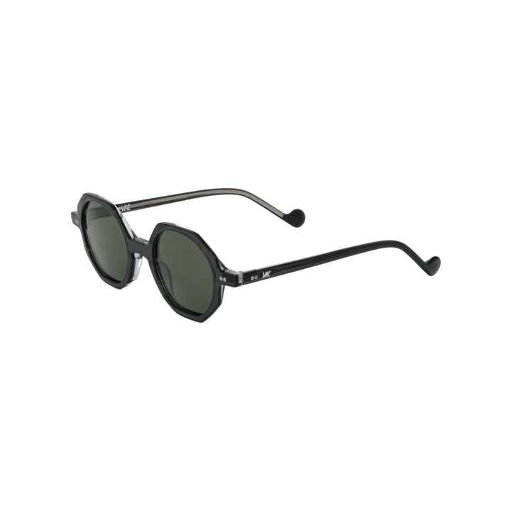 VLIZ Grid sunglasses with black octagon frame and dark green lenses, architectural design with engraved logo on temples.