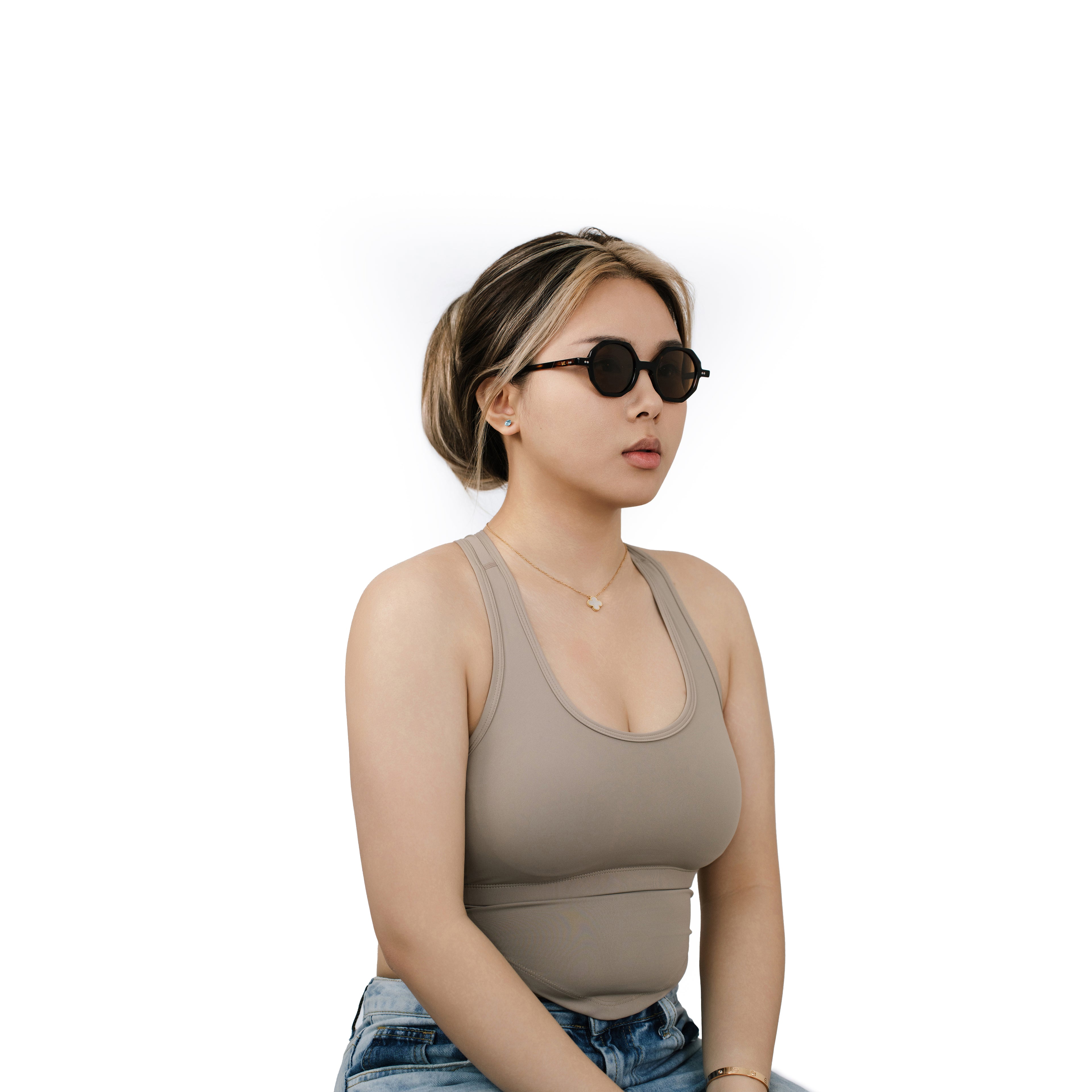 VLIZ Grid sunglasses with tortoise octagon frame and brown lenses, sculptural streetwear design with engraved logo on temples