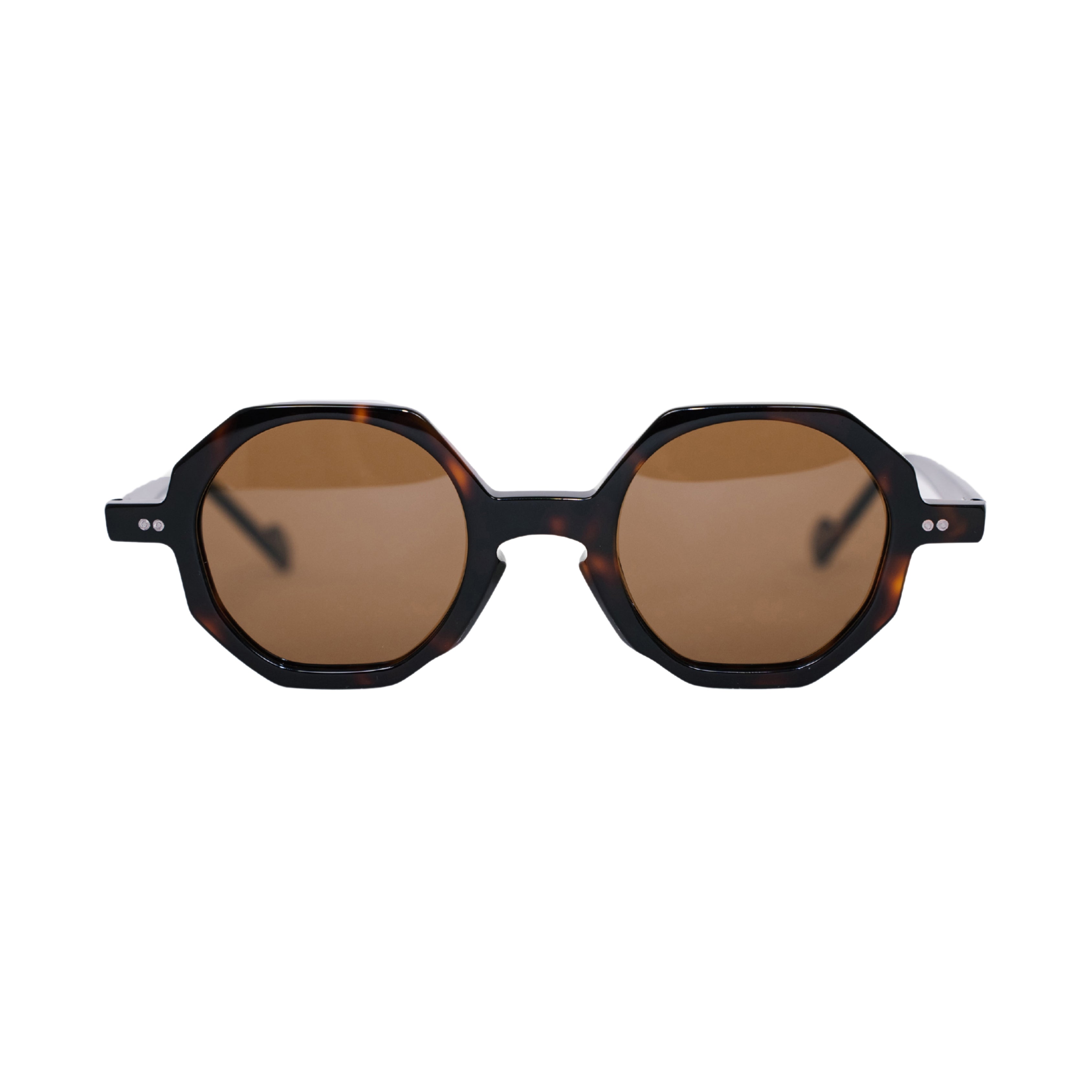 VLIZ Grid sunglasses with tortoise octagon frame and brown lenses, sculptural streetwear design with engraved logo on temples.