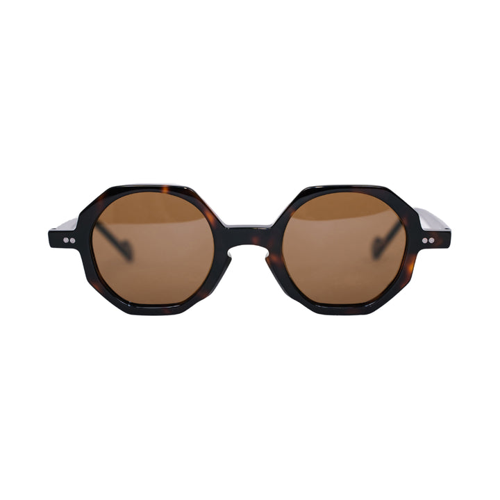 VLIZ Grid sunglasses with tortoise octagon frame and brown lenses, sculptural streetwear design with engraved logo on temples.