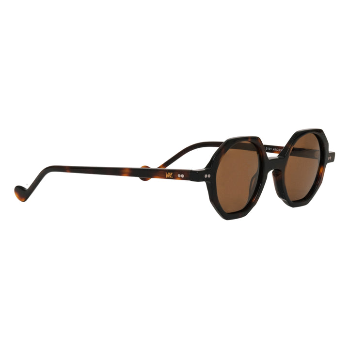 VLIZ Grid sunglasses with tortoise octagon frame and brown lenses, sculptural streetwear design with engraved logo on temples.
