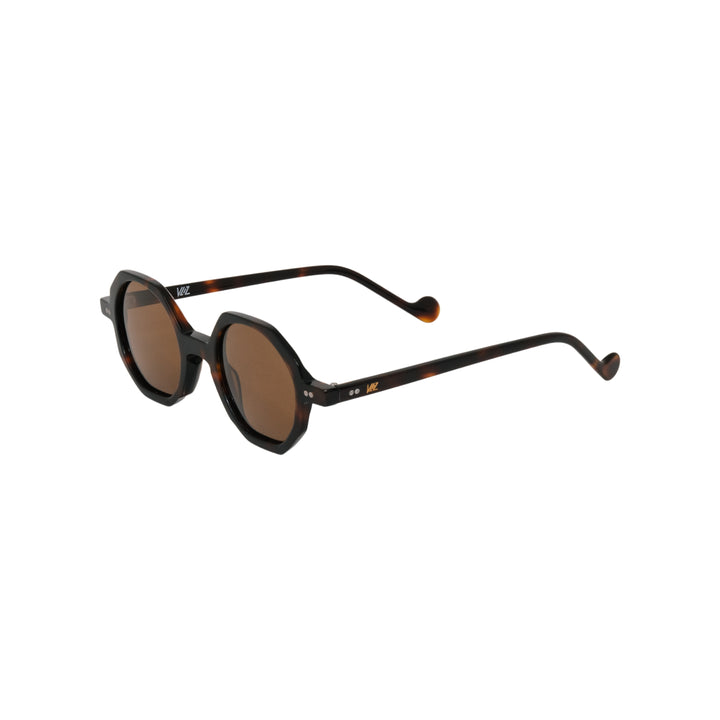 VLIZ Grid sunglasses with tortoise octagon frame and brown lenses, sculptural streetwear design with engraved logo on temples.