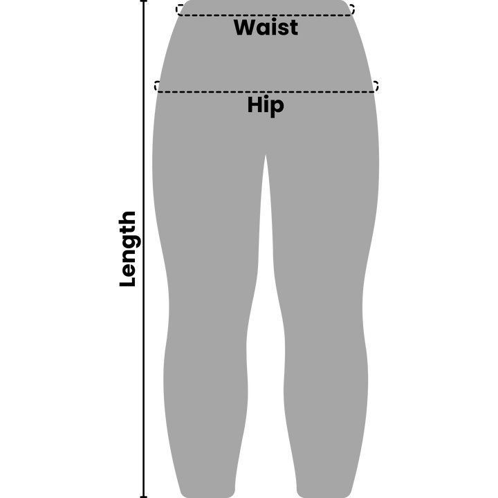 Size guide illustration for VLIZ leggings showing how to measure waist and hip around the fullest parts of the body for accurate fit.