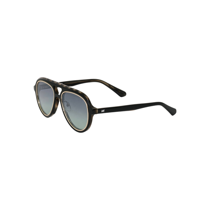 VLIZ Lindbergh sunglasses with black aviator-style frame and gradient blue lenses, retro double-bridge design, engraved logo on temples.