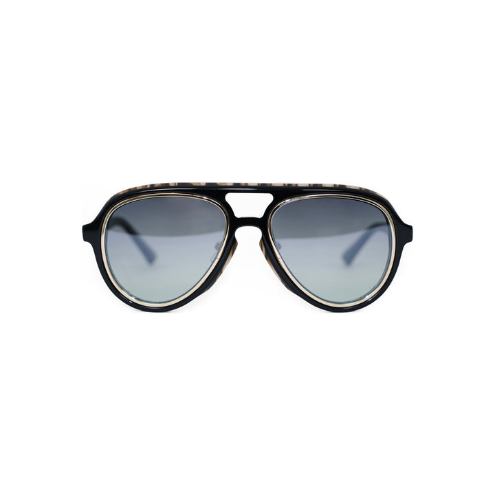 VLIZ Lindbergh sunglasses with black aviator-style frame and gradient blue lenses, retro double-bridge design, engraved logo on temples