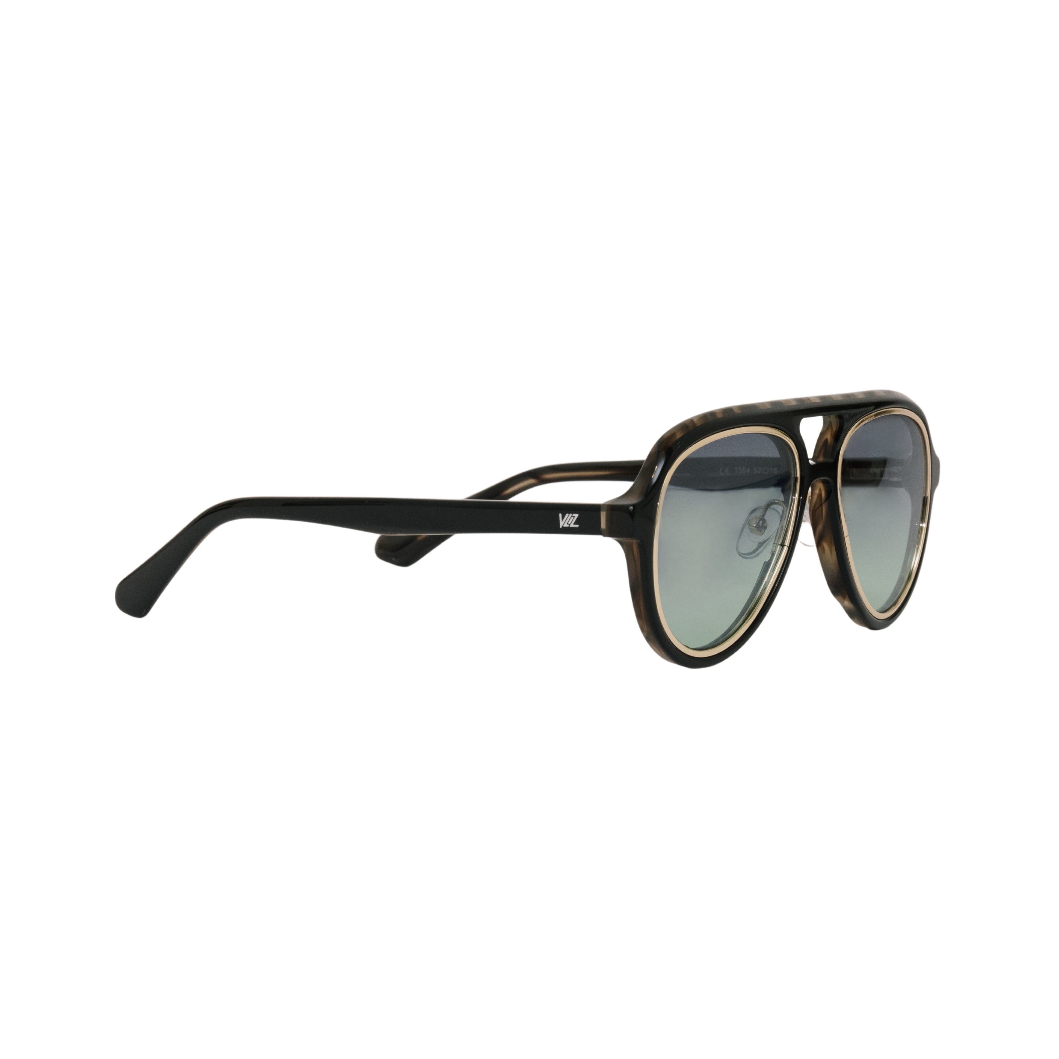 VLIZ Lindbergh sunglasses with black aviator-style frame and gradient blue lenses, retro double-bridge design, engraved logo on temples.