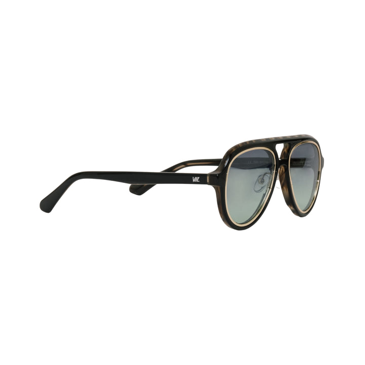 VLIZ Lindbergh sunglasses with black aviator-style frame and gradient blue lenses, retro double-bridge design, engraved logo on temples.