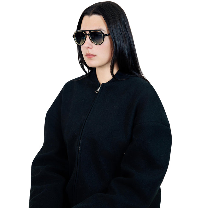 VLIZ Lindbergh sunglasses with black aviator-style frame and gradient blue lenses, retro double-bridge design, engraved logo on temples
